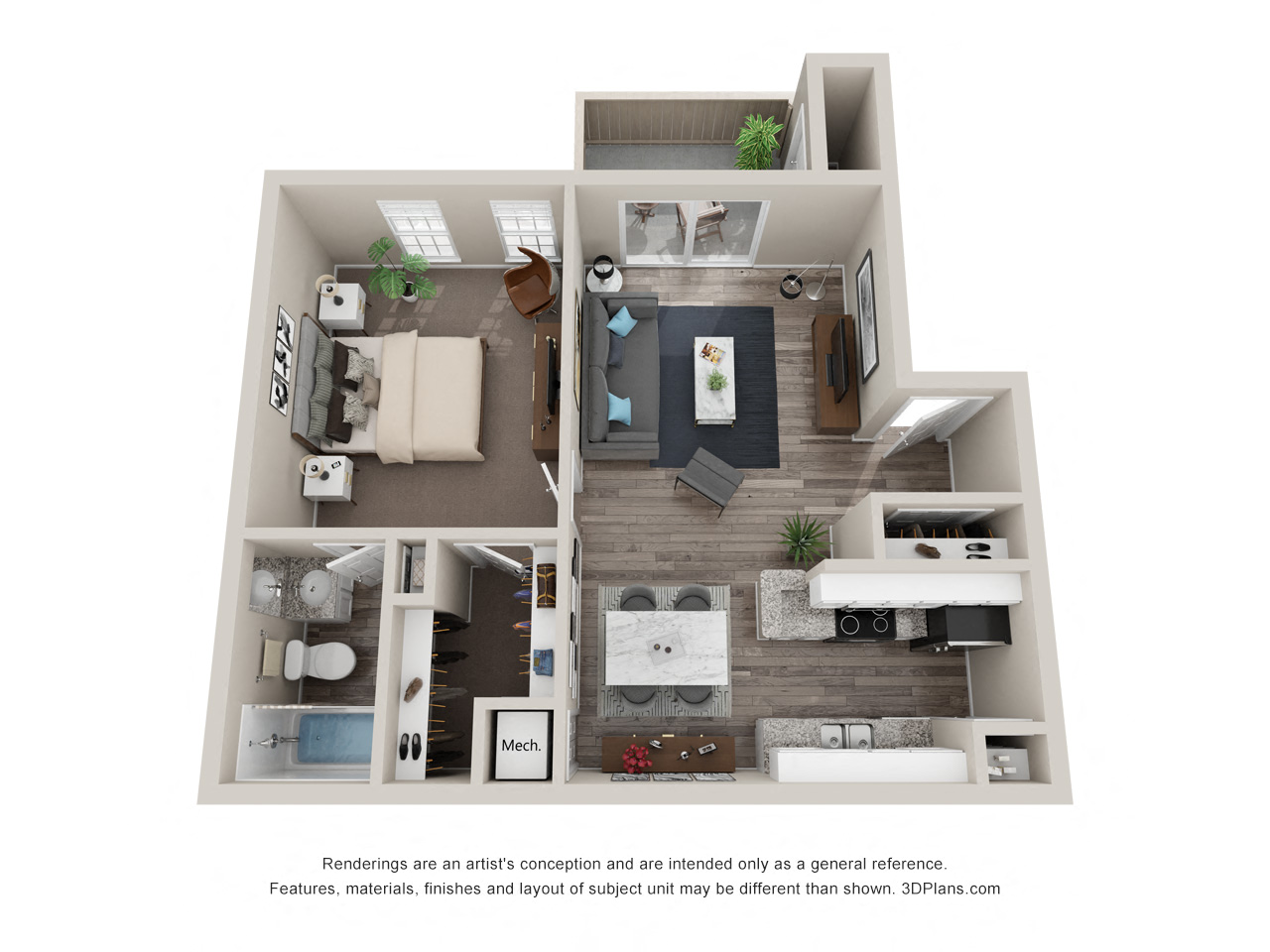 Floor plan for 1 bed, 1 bath, 584 sqft
